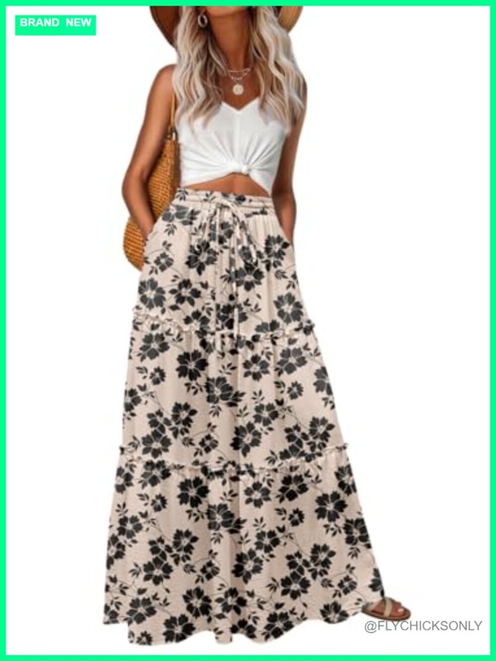 Women's Boho Floral Maxi Skirt High Waisted Tiered Ruffle Hem with Pockets